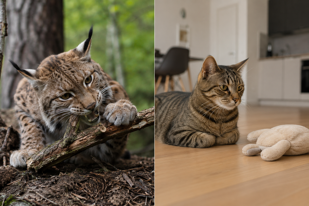 Links: Wildkatze kaut auf Holz. Rechts: Wohnungskatze ohne etwas zum Kauen.